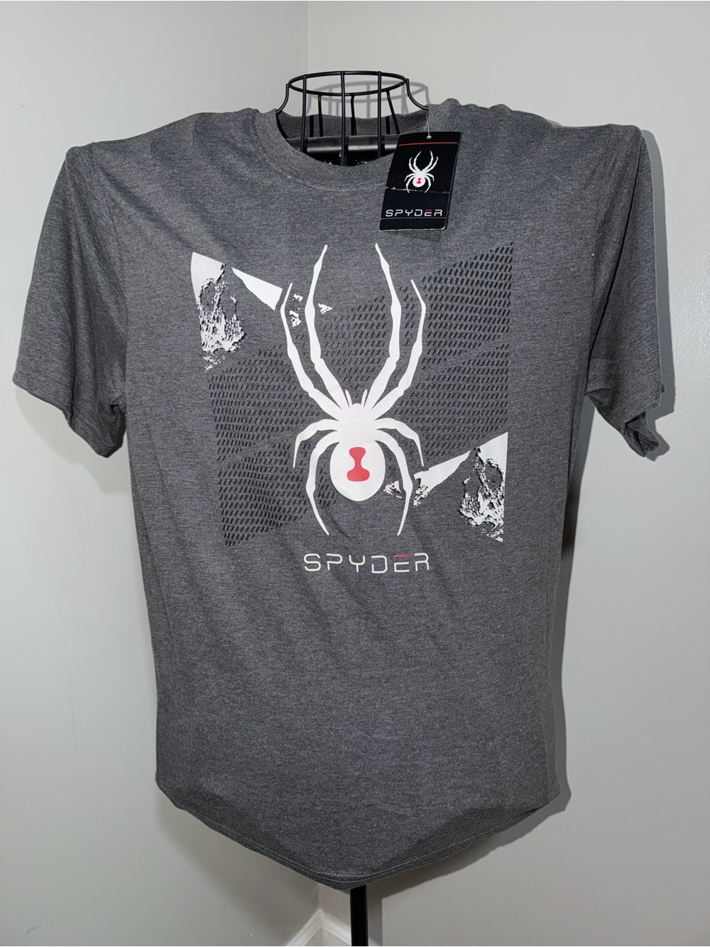 Spyder Gray Short Sleeve Tee with White and Red Spider Graphic